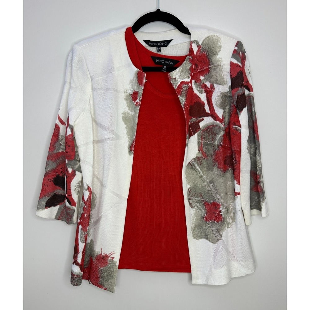 Ming Wang Floral Knit Jacket & Tank Top Set PS XS Red Off White Classy Mature - Picture 16 of 16